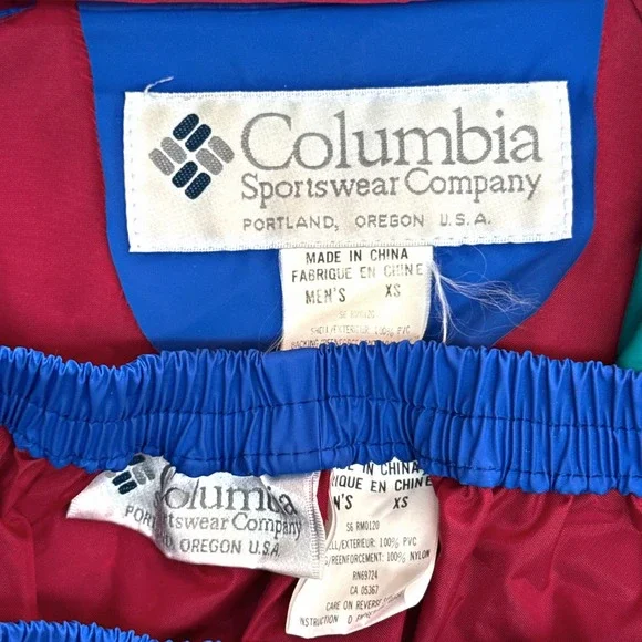 Vintage Columbia Sportswear Mens XS Blue Hooded Rain Jacket Pants Waterproof PVC